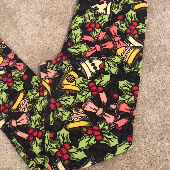 Lularoe one size leggings Christmas gifts bows bells black gold pink pants - Picture 3 of 7